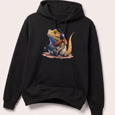 Watercolor illustration of a bearded dragon wearing gaming headphones in bright colors — printed on a unisex hoodie