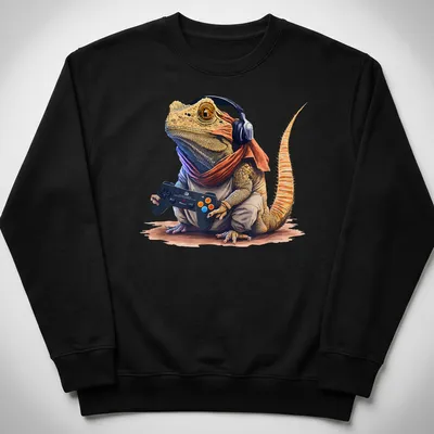 Watercolor illustration of a bearded dragon wearing gaming headphones in bright colors — printed on a unisex sweatshirt