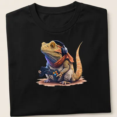 Watercolor illustration of a bearded dragon wearing gaming headphones in bright colors