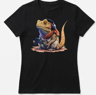 Watercolor illustration of a bearded dragon wearing gaming headphones in bright colors — printed on a women's shirt