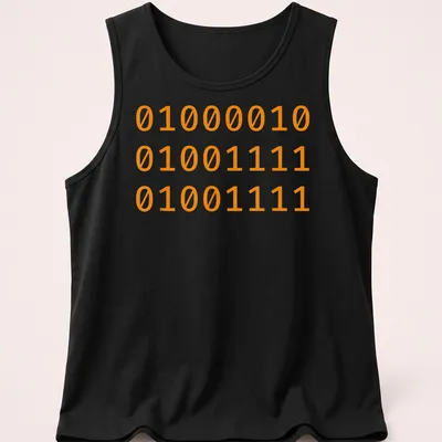 Bold Halloween t-shirt with 'Boo' text and binary code design — printed on a tank top