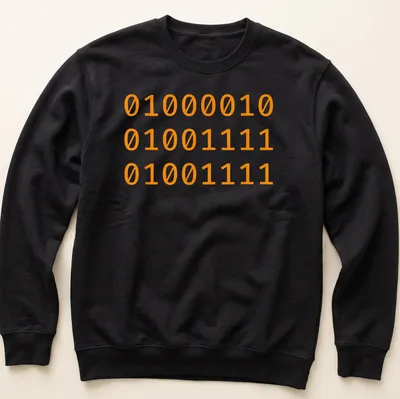 Bold Halloween t-shirt with 'Boo' text and binary code design — printed on a unisex sweatshirt