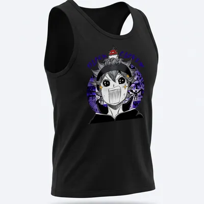 Anime style graphic of a Black Clover character with an excited expression in black, purple, white, and yellow — printed on a tank top