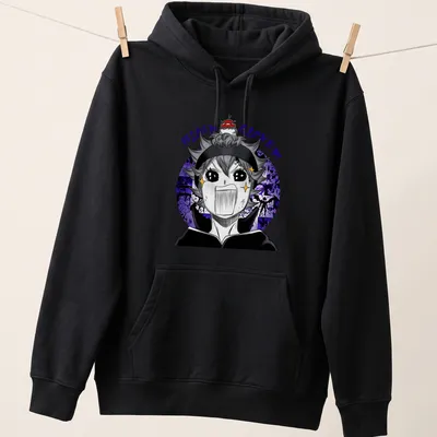 Anime style graphic of a Black Clover character with an excited expression in black, purple, white, and yellow — printed on a unisex hoodie
