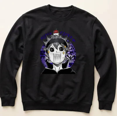 Anime style graphic of a Black Clover character with an excited expression in black, purple, white, and yellow — printed on a unisex sweatshirt