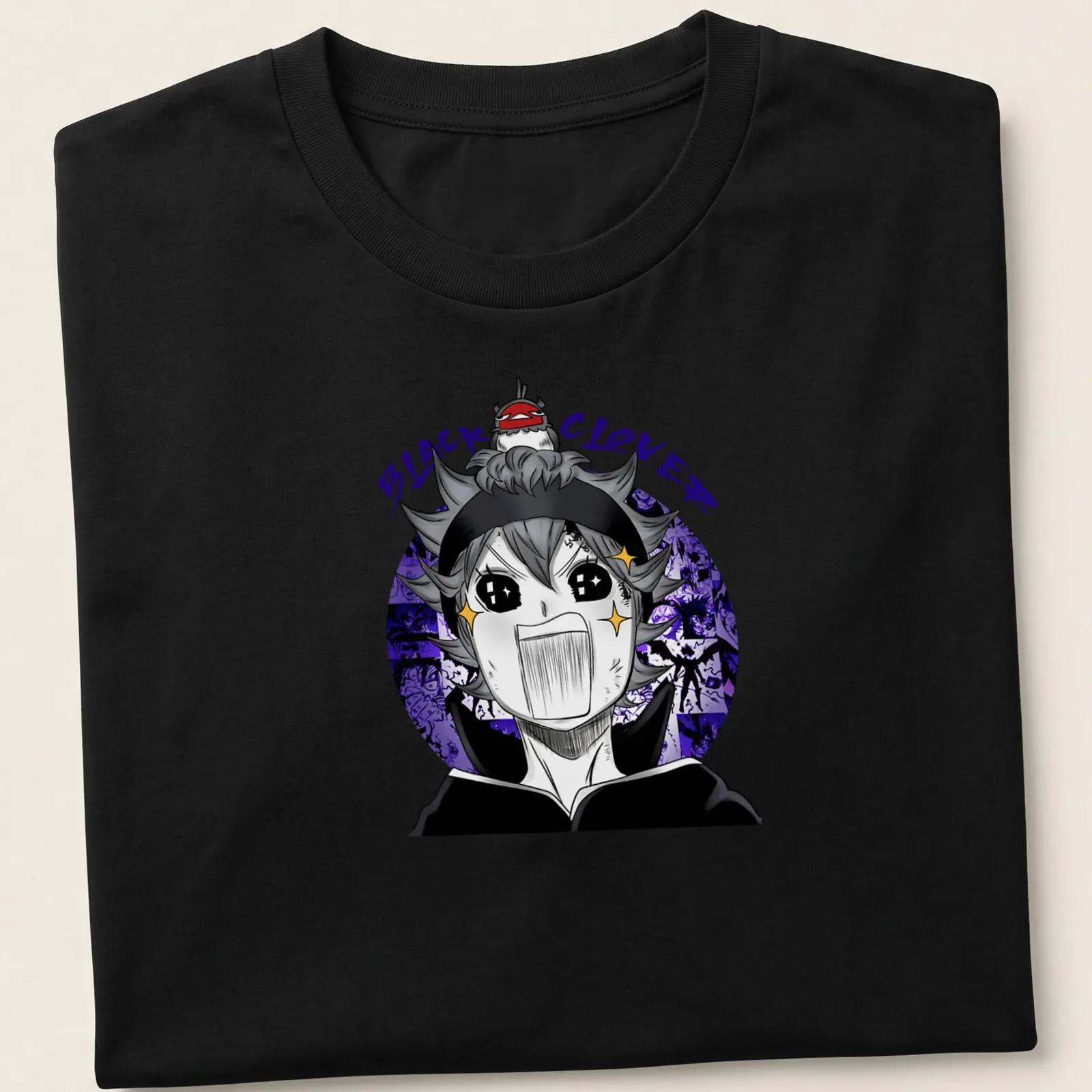 Anime style graphic of a Black Clover character with an excited expression in black, purple, white, and yellow — printed on a unisex t-shirt