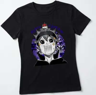 Anime style graphic of a Black Clover character with an excited expression in black, purple, white, and yellow — printed on a women's shirt