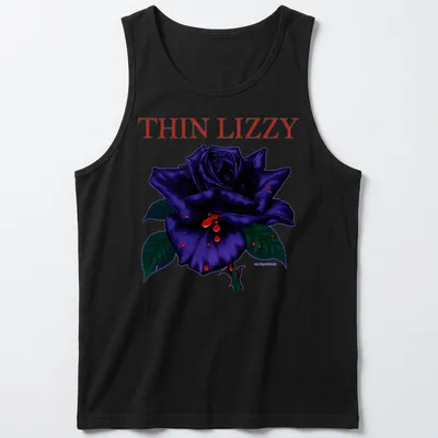 Illustration of a black rose with THIN LIZZY text, featuring purple, red, and green colors. — printed on a tank top