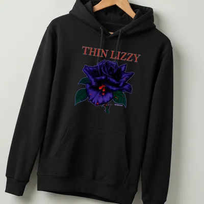 Illustration of a black rose with THIN LIZZY text, featuring purple, red, and green colors. — printed on a unisex hoodie