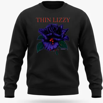 Illustration of a black rose with THIN LIZZY text, featuring purple, red, and green colors. — printed on a unisex sweatshirt