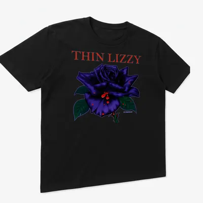 Illustration of a black rose with THIN LIZZY text, featuring purple, red, and green colors. — printed on a unisex t-shirt (angled view)