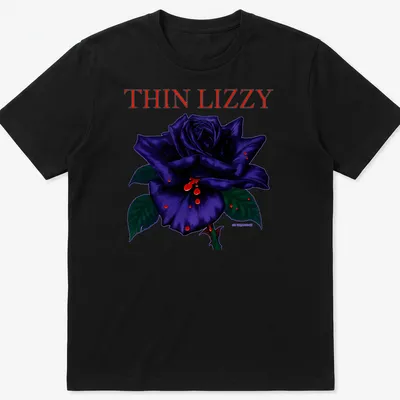 Illustration of a black rose with THIN LIZZY text, featuring purple, red, and green colors. — printed on a unisex t-shirt