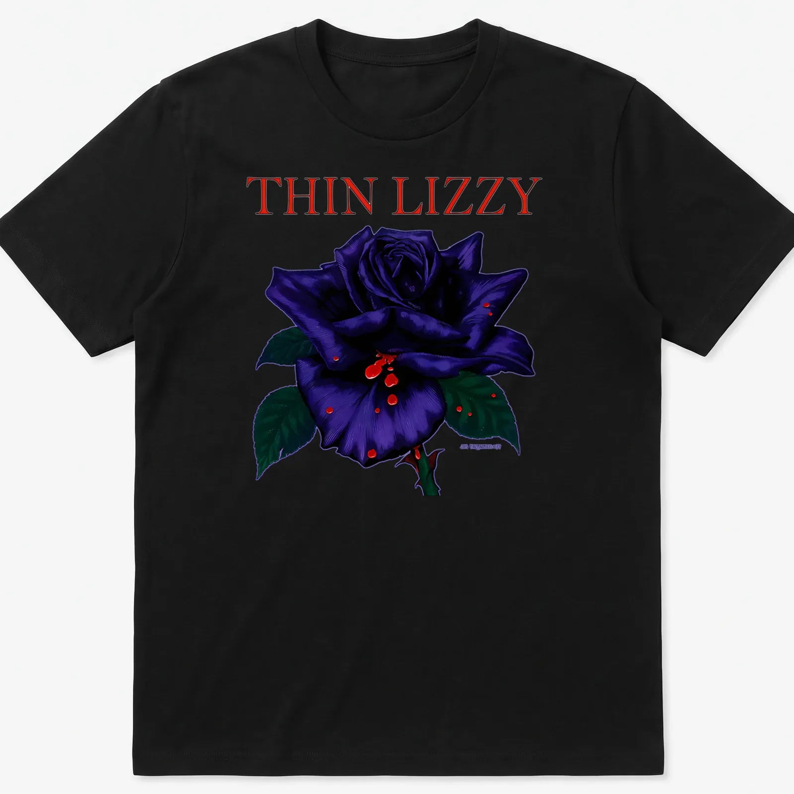 Illustration of a black rose with THIN LIZZY text, featuring purple, red, and green colors. — printed on a unisex t-shirt