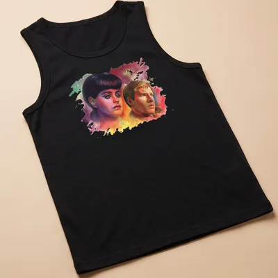 Watercolor t-shirt featuring Blade Runner characters with 'Voight Kampff' text — printed on a tank top