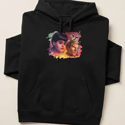 Watercolor t-shirt featuring Blade Runner characters with 'Voight Kampff' text — printed on a unisex hoodie