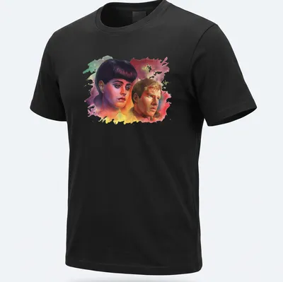 Watercolor t-shirt featuring Blade Runner characters with 'Voight Kampff' text