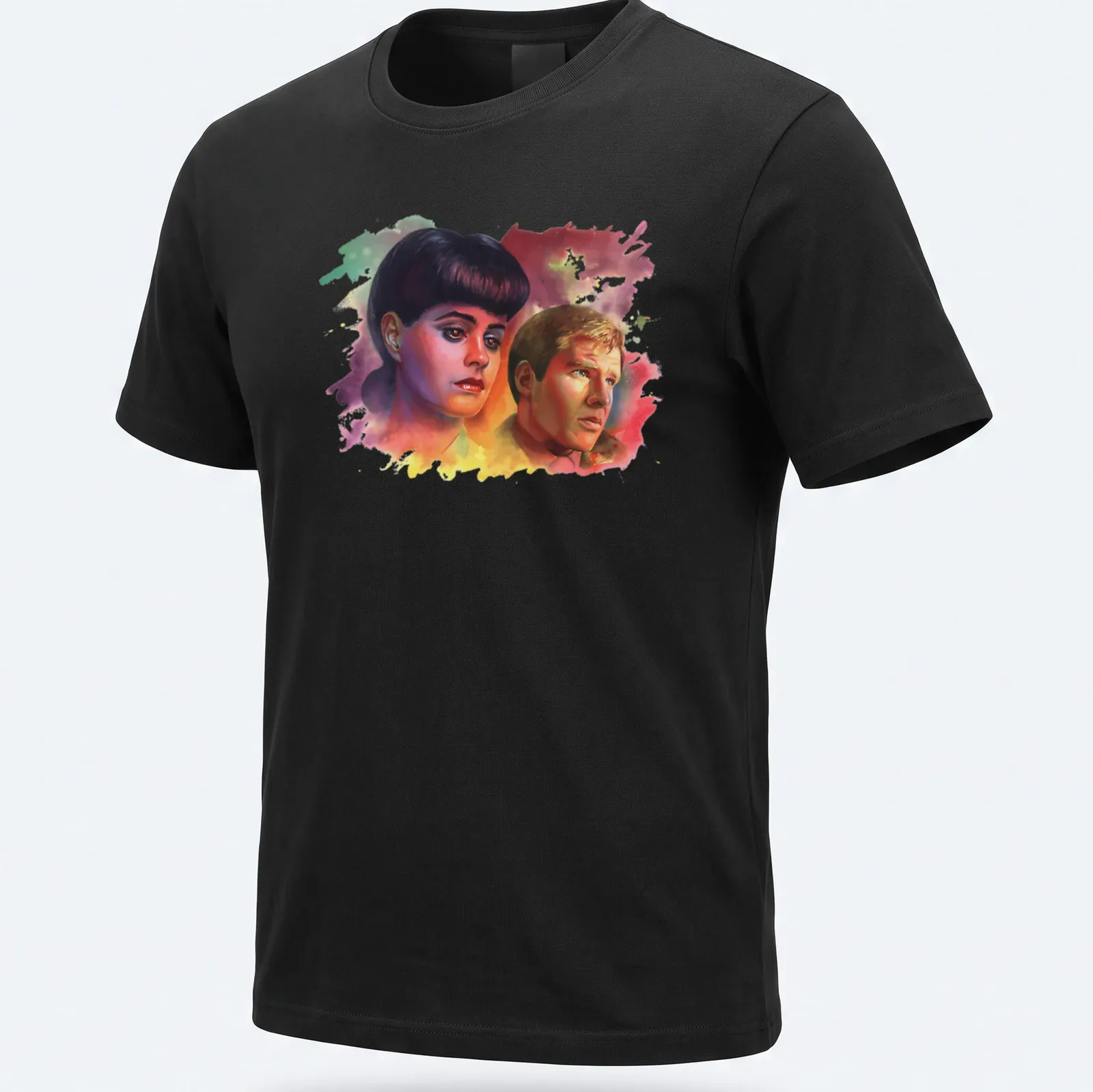 Watercolor t-shirt featuring Blade Runner characters with 'Voight Kampff' text — printed on a unisex t-shirt