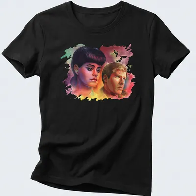 Watercolor t-shirt featuring Blade Runner characters with 'Voight Kampff' text — printed on a women's shirt