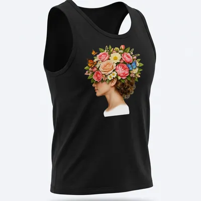 Surreal woman profile design with blooming flowers and butterflies in vibrant colors. — printed on a tank top