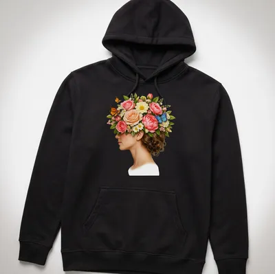 Surreal woman profile design with blooming flowers and butterflies in vibrant colors. — printed on a unisex hoodie