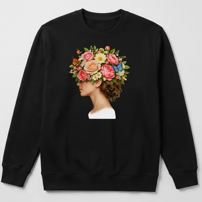 Surreal woman profile design with blooming flowers and butterflies in vibrant colors. — printed on a unisex sweatshirt