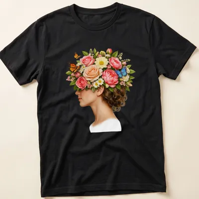 Surreal woman profile design with blooming flowers and butterflies in vibrant colors.