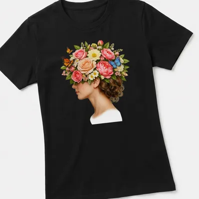 Surreal woman profile design with blooming flowers and butterflies in vibrant colors. — printed on a women's shirt