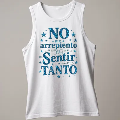 Glittery dark blue stars surrounding playful text on a — printed on a tank top