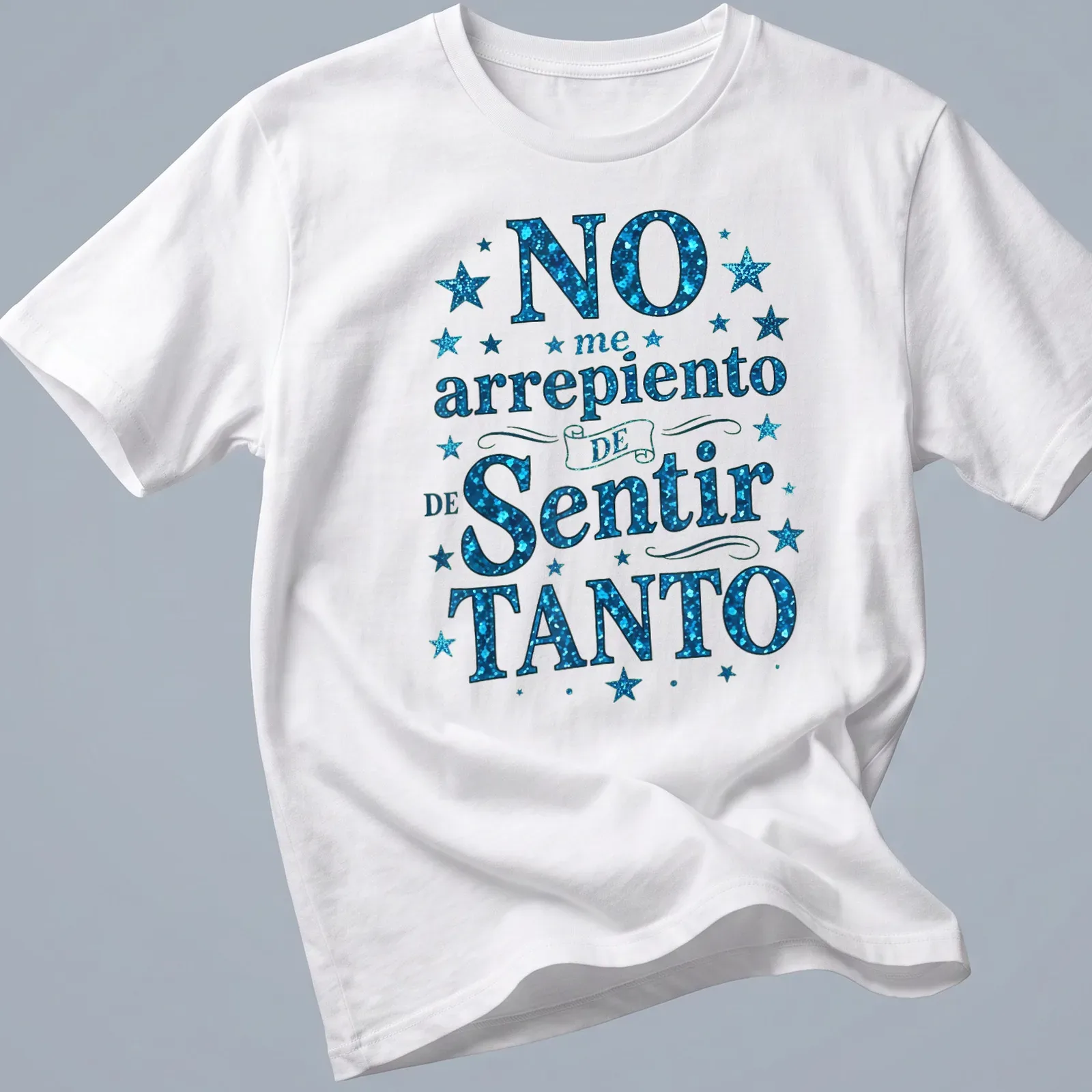 Glittery dark blue stars surrounding playful text on a — printed on a unisex t-shirt