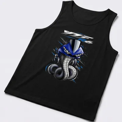 Cartoonish blue speed machine graphic with bold 'R Series' text — printed on a tank top