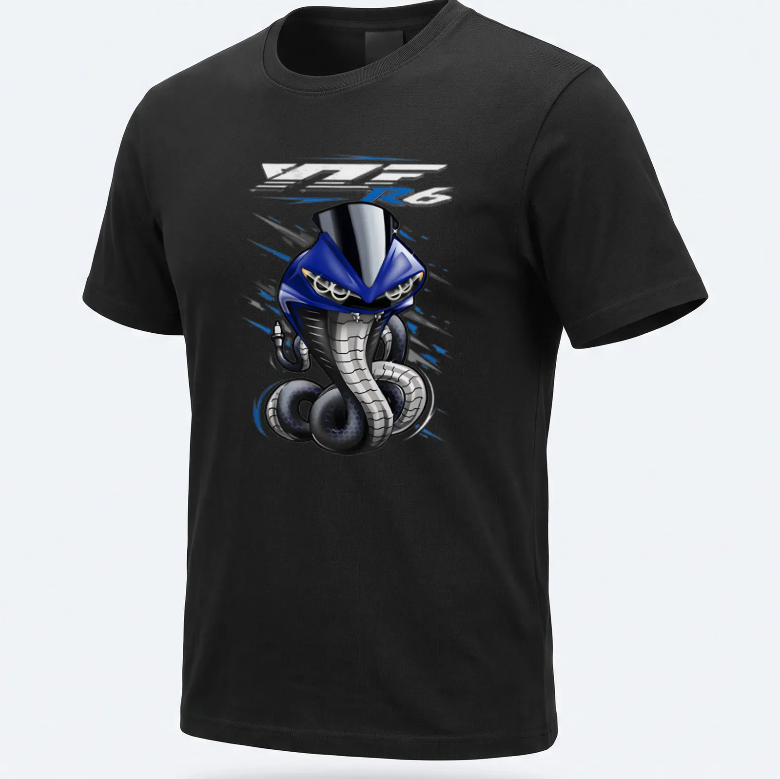 Cartoonish blue speed machine graphic with bold 'R Series' text — printed on a unisex t-shirt