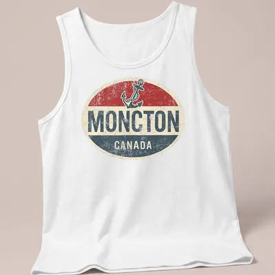 Retro vintage shirt featuring a boat anchor and Moncton Canada text in bold colors — printed on a tank top