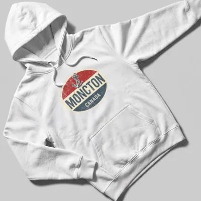 Retro vintage shirt featuring a boat anchor and Moncton Canada text in bold colors — printed on a unisex hoodie