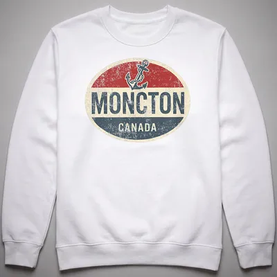 Retro vintage shirt featuring a boat anchor and Moncton Canada text in bold colors — printed on a unisex sweatshirt