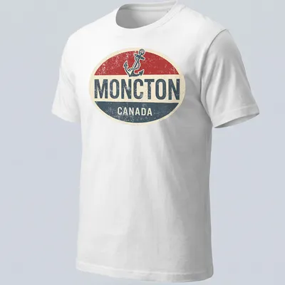 Retro vintage shirt featuring a boat anchor and Moncton Canada text in bold colors — printed on a unisex t-shirt
