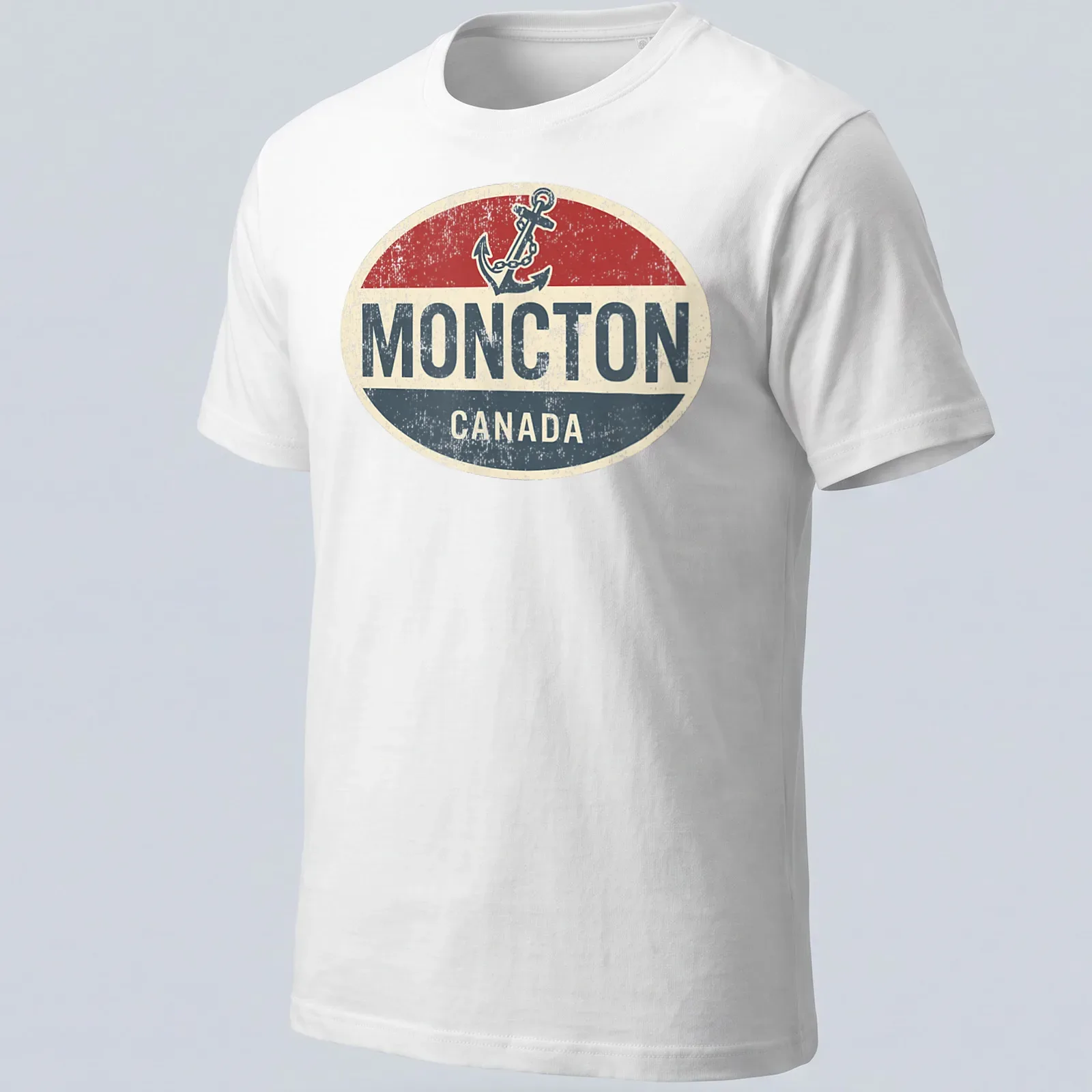 Retro vintage shirt featuring a boat anchor and Moncton Canada text in bold colors — printed on a unisex t-shirt