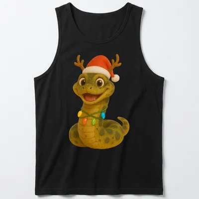 Cartoon Bolivian Anaconda with Santa hat and colorful lights — printed on a tank top