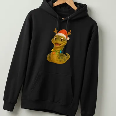 Cartoon Bolivian Anaconda with Santa hat and colorful lights — printed on a unisex hoodie