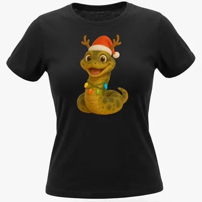 Cartoon Bolivian Anaconda with Santa hat and colorful lights — printed on a women's shirt