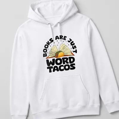 Colorful cartoon of an open book holding a taco with humorous text — printed on a unisex hoodie