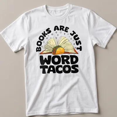 Colorful cartoon of an open book holding a taco with humorous text