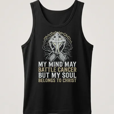 Vintage distressed T-shirt with cross and brain imagery and supportive text — printed on a tank top