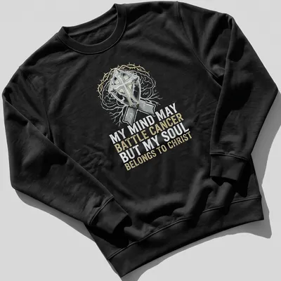 Vintage distressed T-shirt with cross and brain imagery and supportive text — printed on a unisex sweatshirt