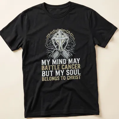 Vintage distressed T-shirt with cross and brain imagery and supportive text