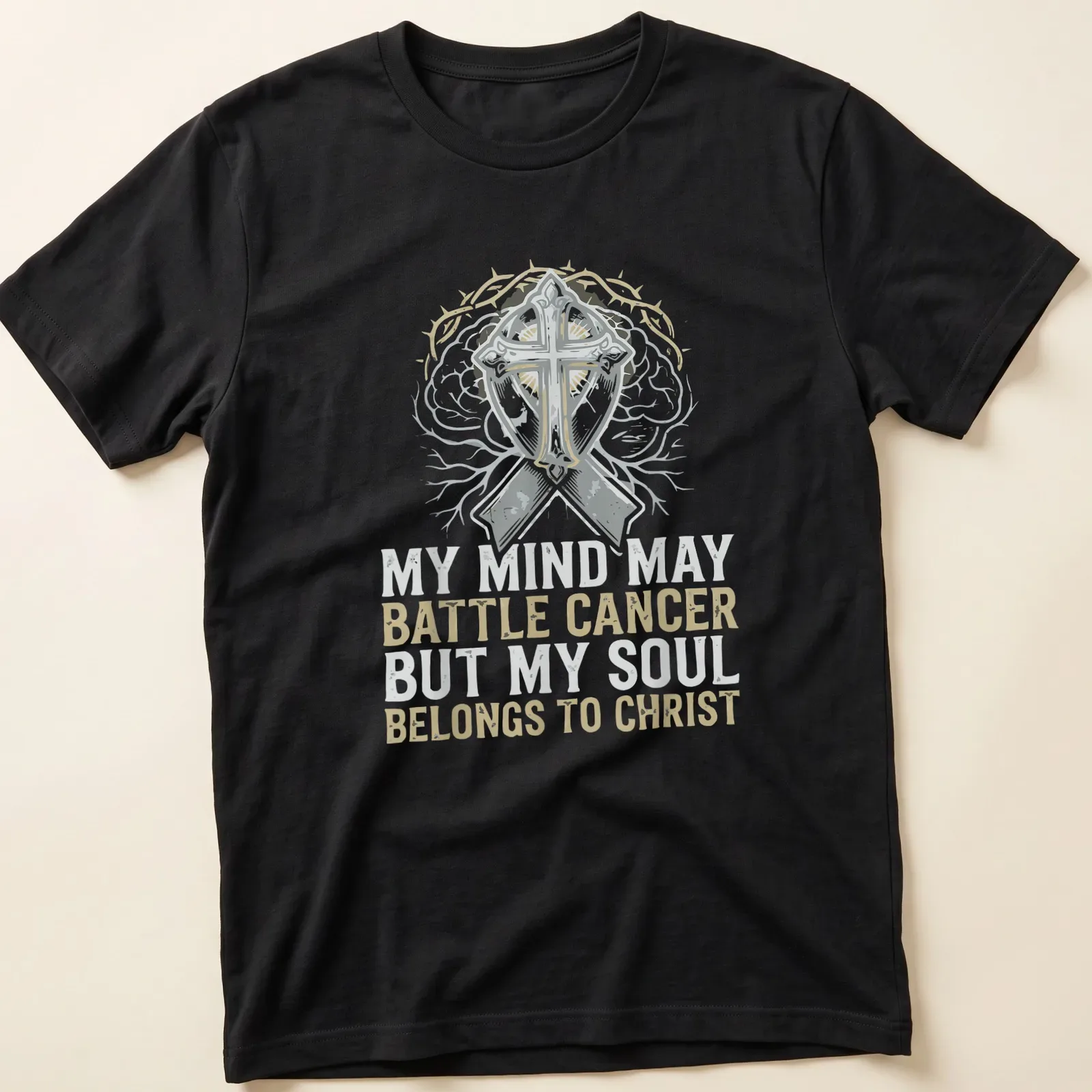 Vintage distressed T-shirt with cross and brain imagery and supportive text — printed on a unisex t-shirt