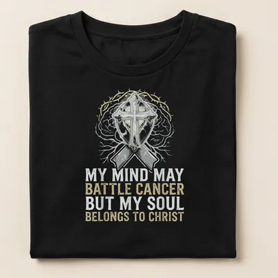 Vintage distressed T-shirt with cross and brain imagery and supportive text — printed on a women's shirt