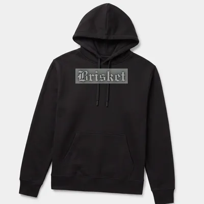 Gothic lettering t-shirt with the word Brisket in gray and black colors — printed on a unisex hoodie