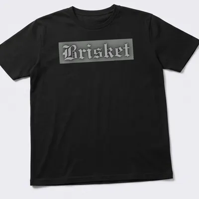 Gothic lettering t-shirt with the word Brisket in gray and black colors — printed on a unisex t-shirt