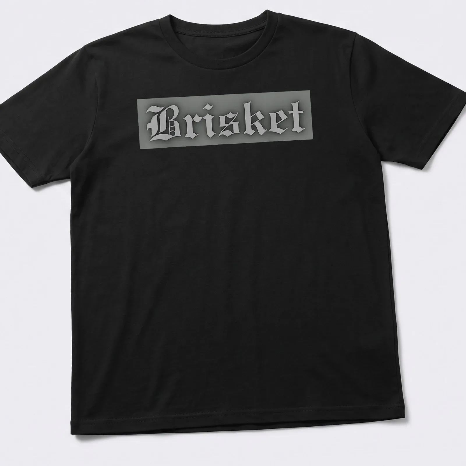 Gothic lettering t-shirt with the word Brisket in gray and black colors — printed on a unisex t-shirt