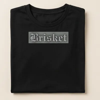 Gothic lettering t-shirt with the word Brisket in gray and black colors — printed on a women's shirt